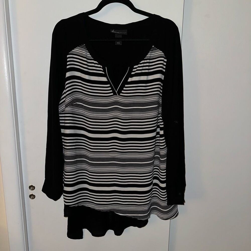 Lane Bryant Women’s Black White Stripe Asymmetrical Blouse 14/16 EUC